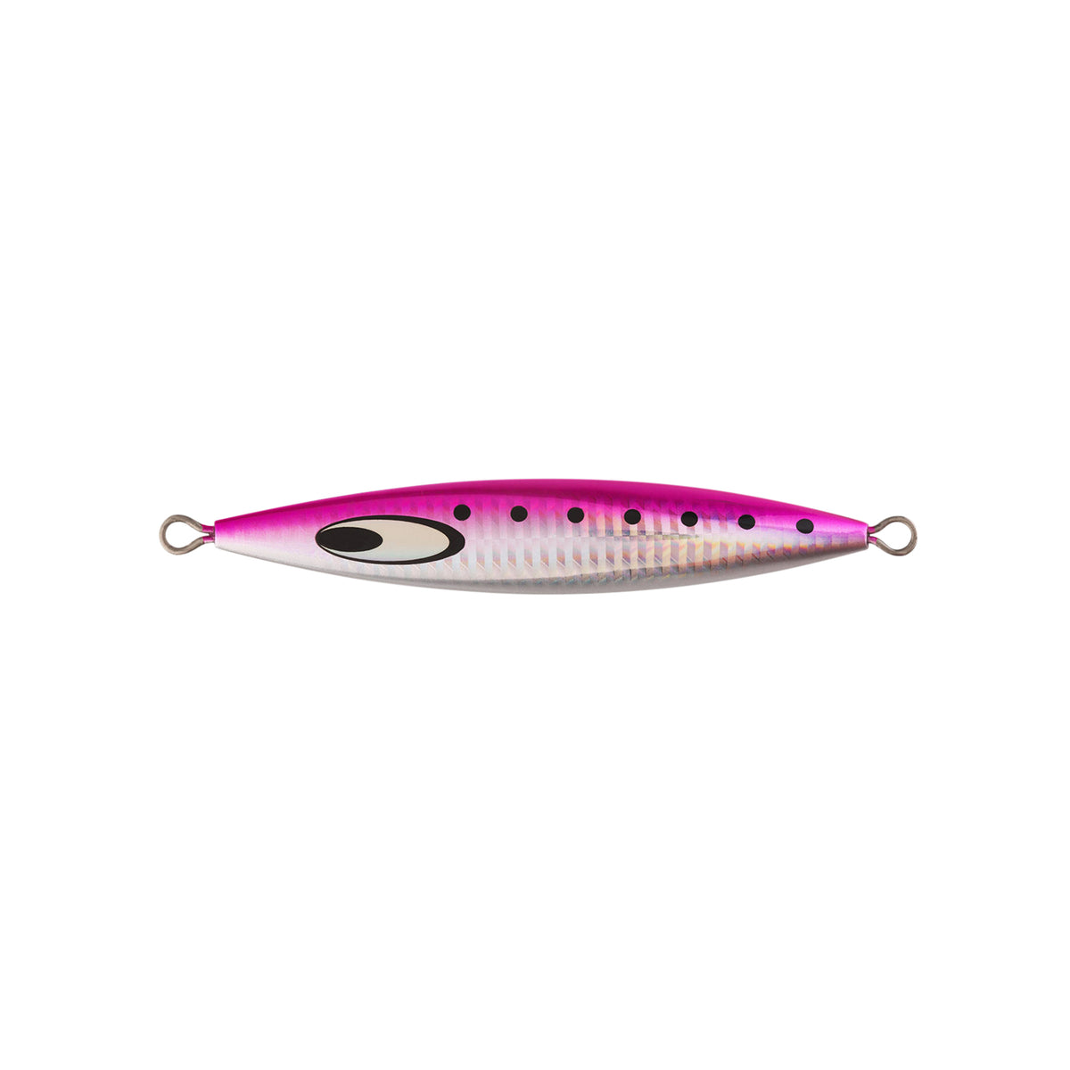 Daiwa Saltiga SK Jig 250g Pink Iwashi - lÄngsam jigg för havsfiske, silverfÀrgad med rosa topp och svarta prickar.