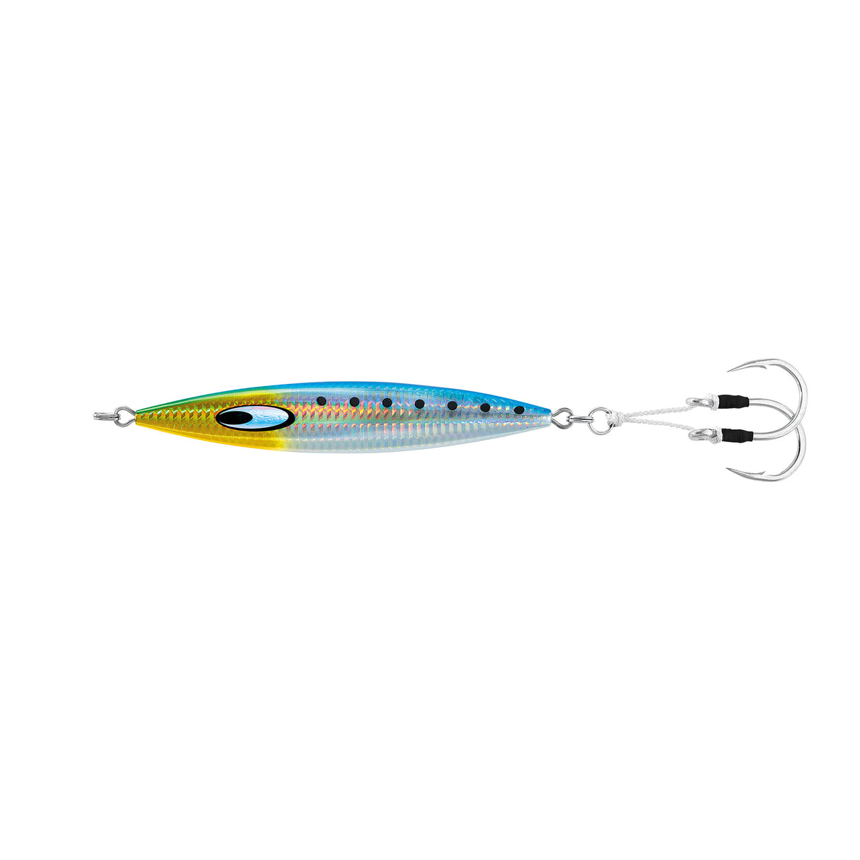 Daiwa Saltiga SK Jig 300g Sardine, blå/gul, svarta prickar, dubbla trekrokar. Perfekt för slow jigging och fiskeäventyr.