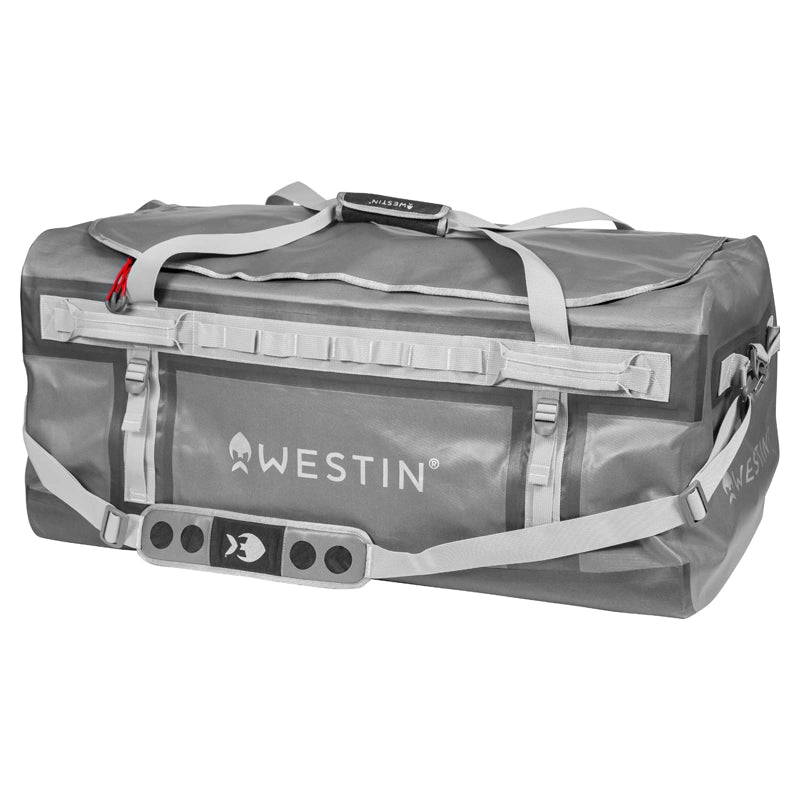Westin W6 Duffel Bag XL, grå och vattenavvisande med vita remmar, flera fästpunkter - optimal fiskeväska för resan.