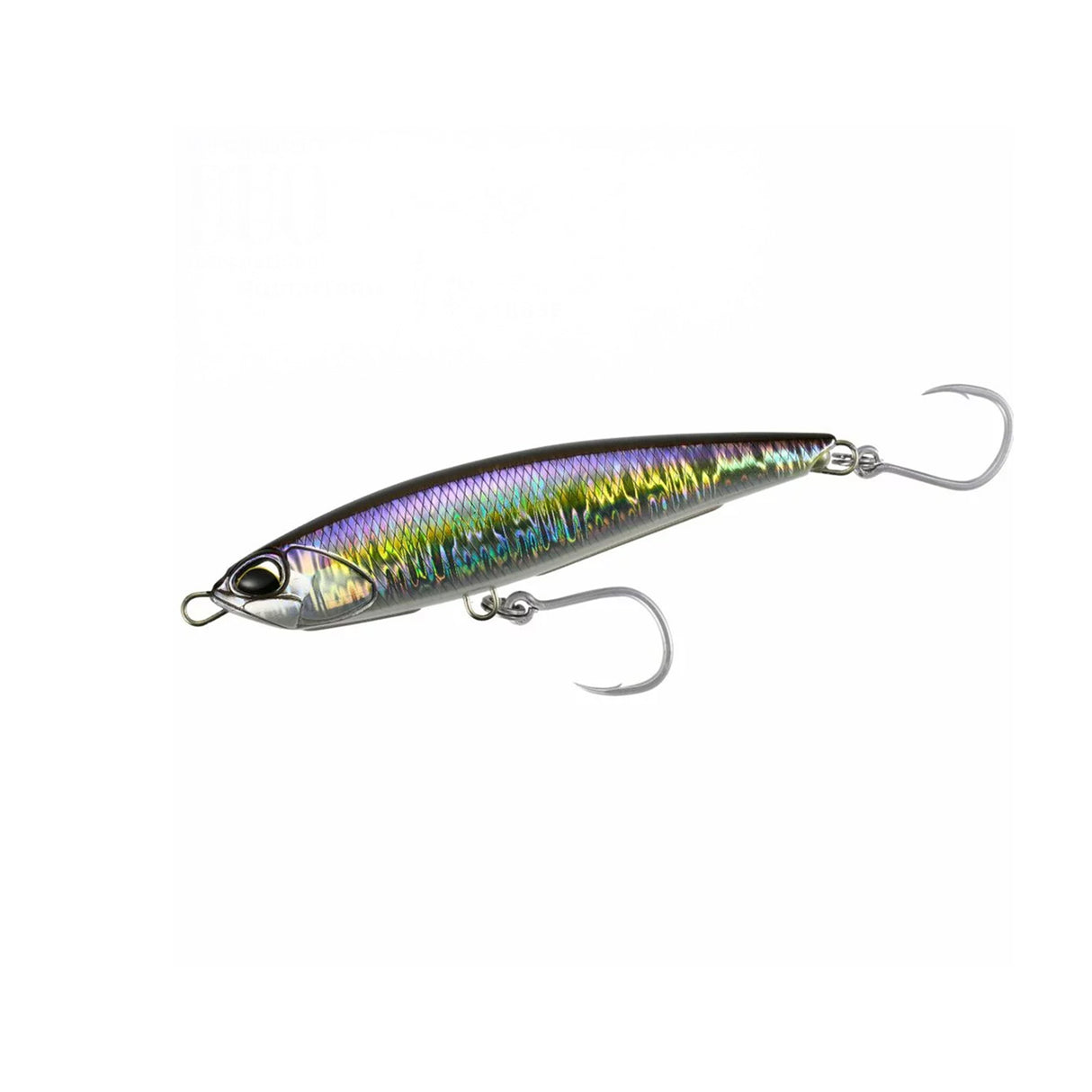 DUO Rough Trail Aomasa 188SF, metallisk stickbait med lila-gult mönster och två krokar - perfekt för tropiska fiskeäventyr.