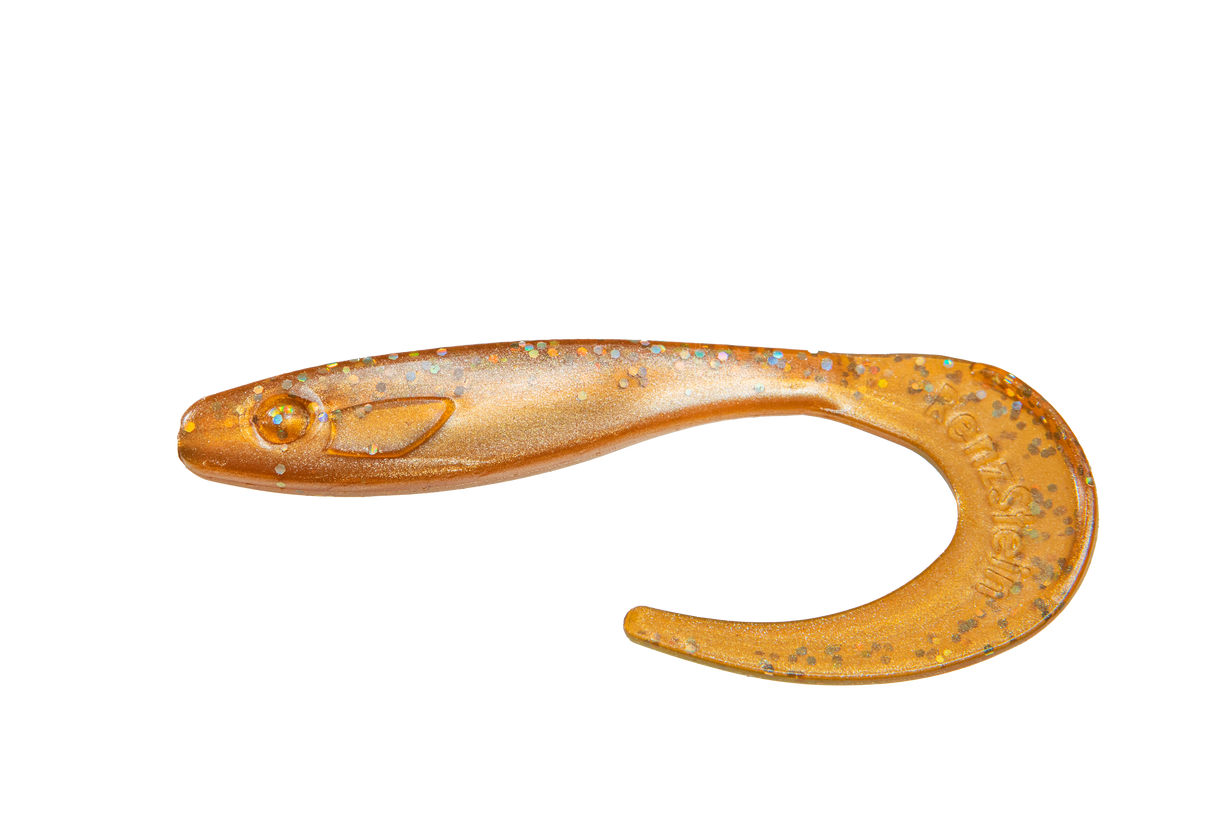 RenzStein RenzTail Abch 22cm, 8g jigg för abborre, brun/orange med blå prickar och krökt svans. 5-pack för sportfiske.