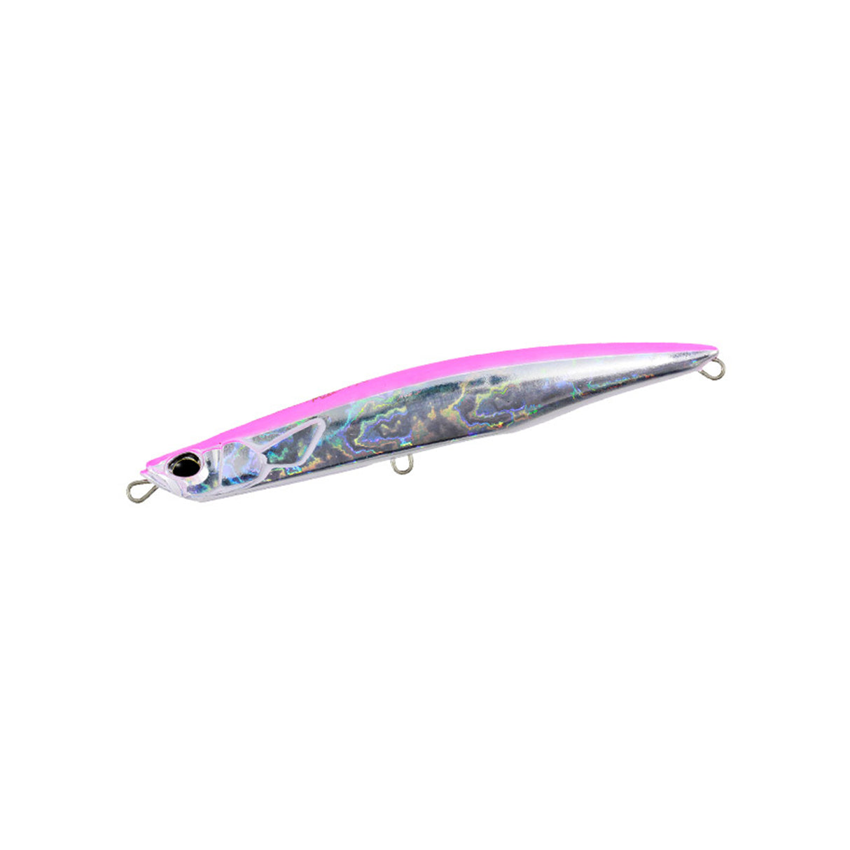 DUO Rough Trail Malice 130 drag i rosa för offshore-fiske, metallisk kropp, realistiskt öga, perfekt för pelagiska arter.