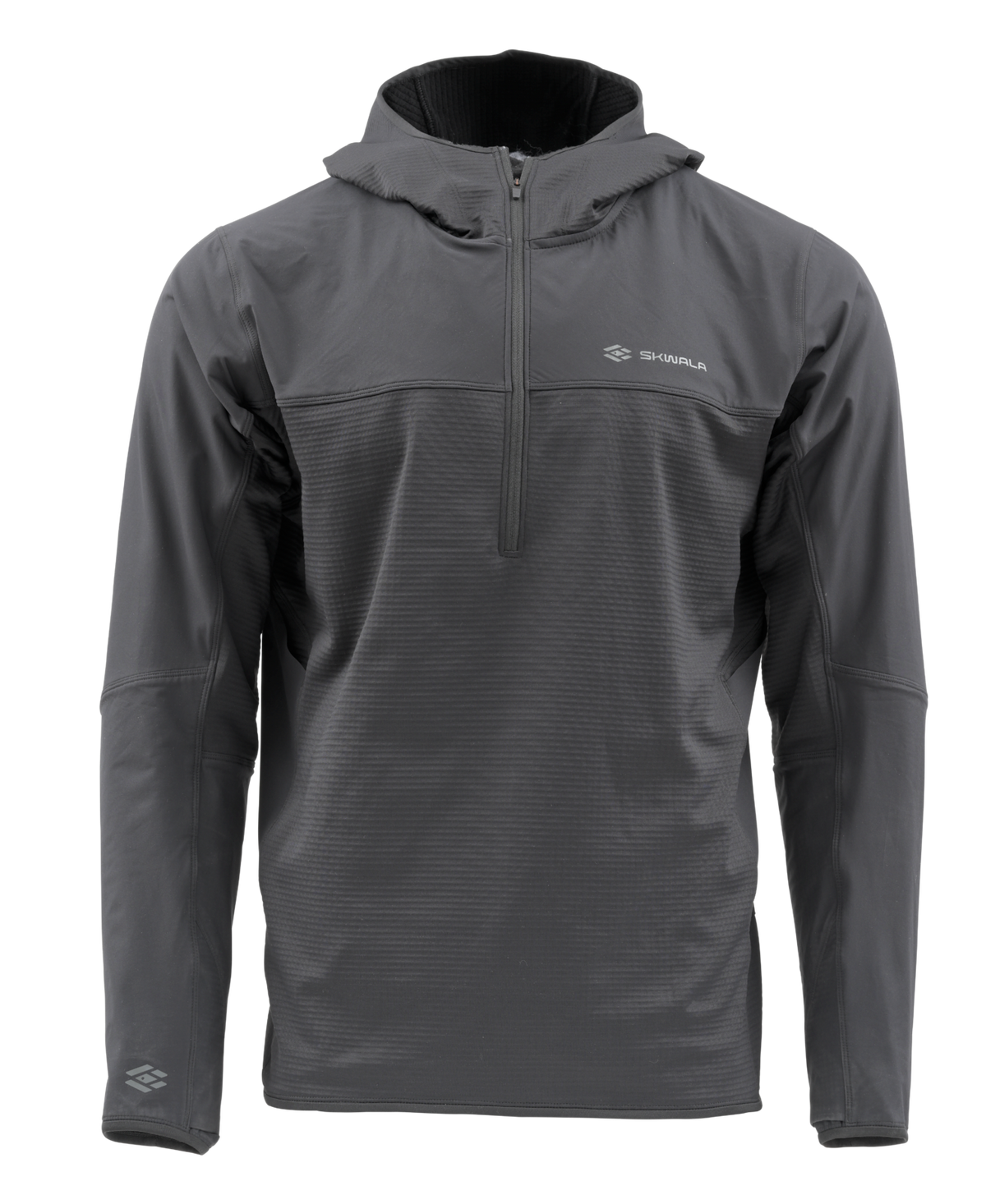 Skwala Fishing Fusion Tactical Hoody, lÄngÀrmad grÄ fleecejacka med huva, perfekt för fiskare och expeditionsvÀrme.