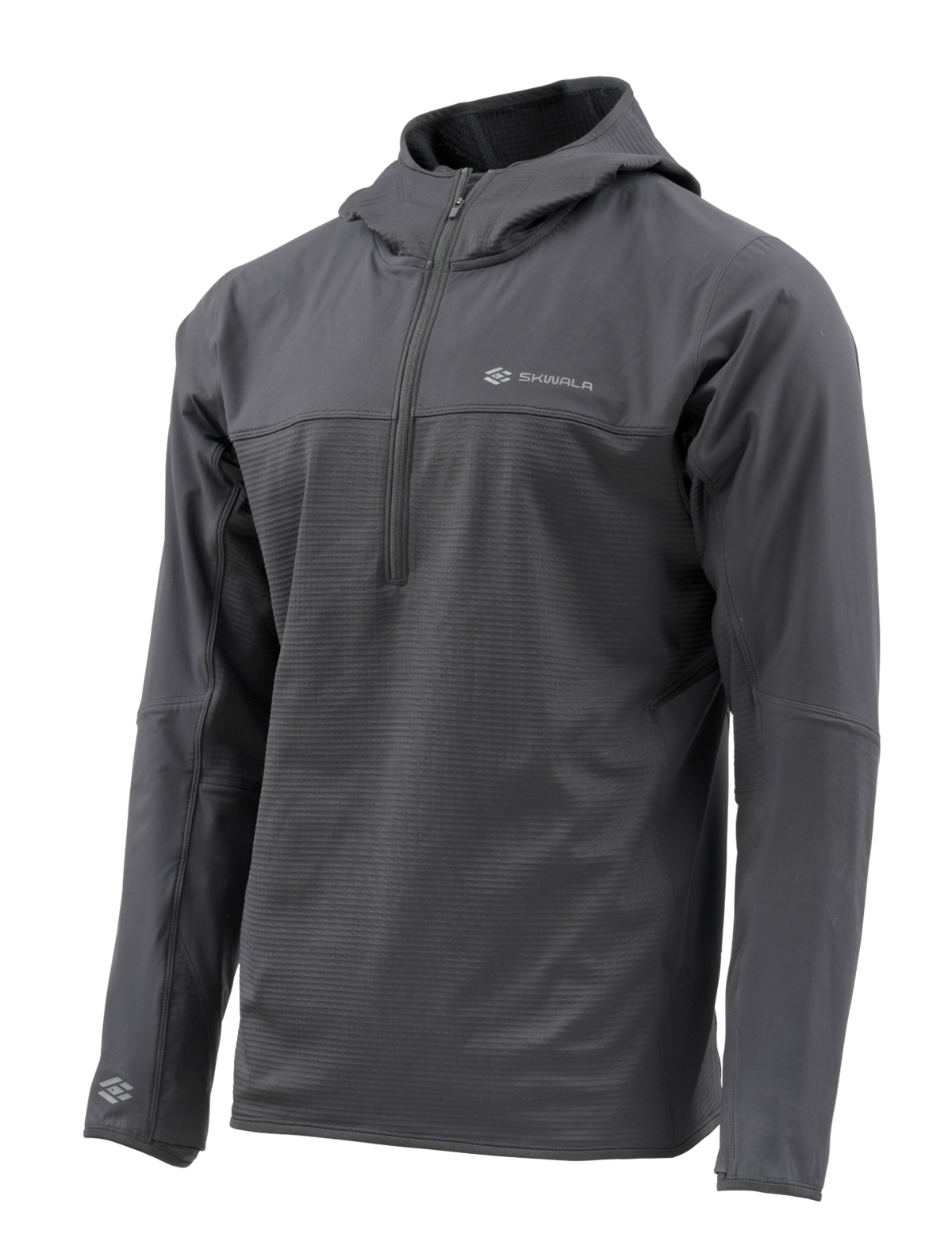 Skwala Fishing Fusion Tactical Hoody i mörkgrÄ fleece, halv dragkedja, huva och Shivaula-logga-perfekt för fiskeÀventyr.