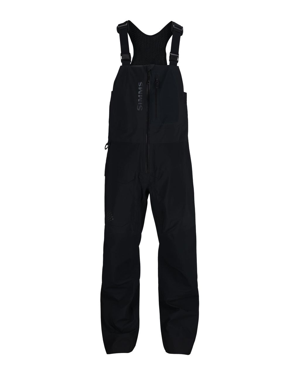 Svarta Simms Pro Dry Bib i GORE-TEX Pro för fiske, med justerbara axelband, dragkedja, bröstficka och förstärkta knän.