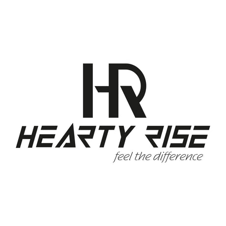 Svarta HR-initialer ovanför texten HEARTY RISE i fet, modern stil, med sloganen feel the difference i kursiv stil nedanför, allt mot en vit bakgrund.