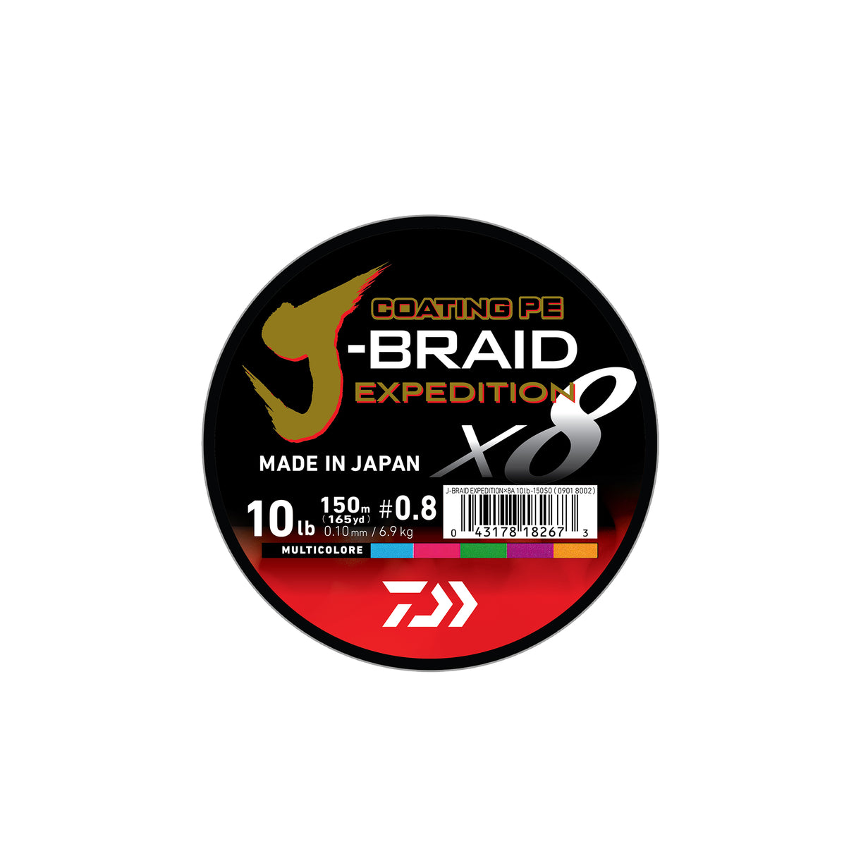 Rund etikett för DAIWA J-BRAID EXPEDITION×8E 0,24mm, 300m, flätlina i svart, rött och guld. Japansk kvalitet för fiske.
