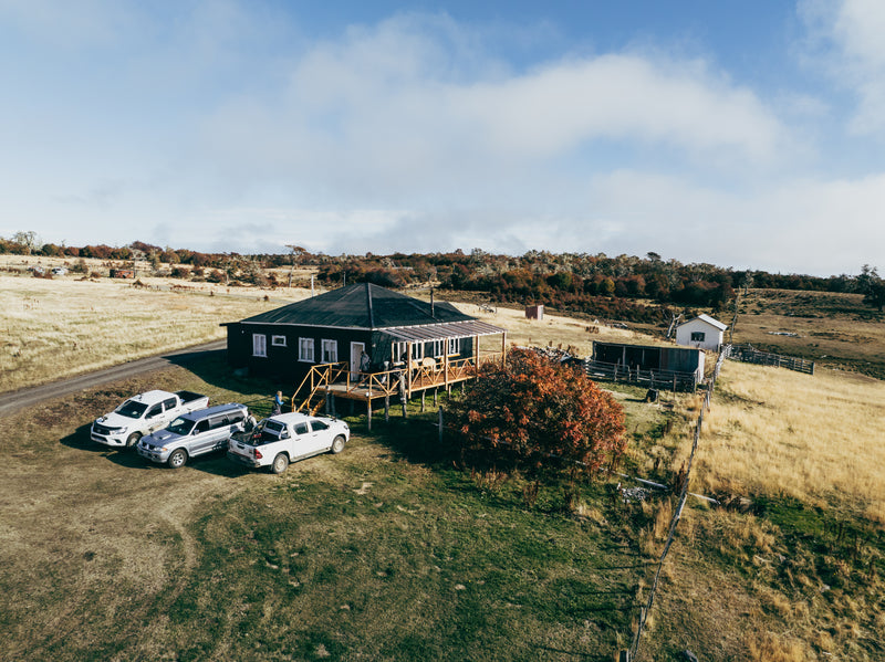 Flygfoto över lantligt hus med veranda, bilar och uthus-perfekt för sportfiskare på fiskeresa bland träd och öppna fält.