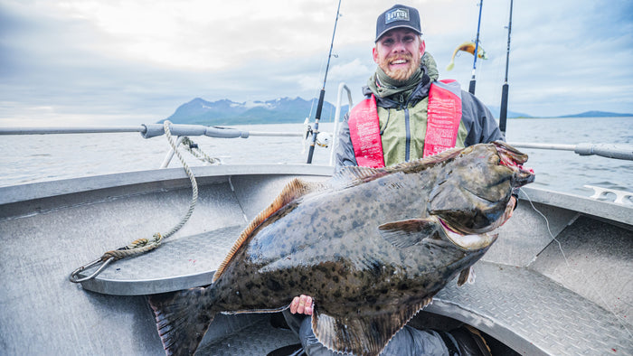 Emil Randemo anställd på Outside Travels duktig sportfiskare med stor hälleflundra fångad på fiskeresa till Norge

