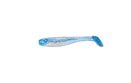 Sex RenzStein RenzShad 7cm jiggar, blå-silver glitter, perfekt för abborrefiske, på vit bakgrund.