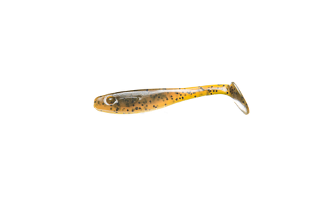 RenzStein RenzShad 7cm, mjuk jiggfiskebete, fiskformad med gul färg, svarta prickar och paddelstjärt på vit bakgrund.