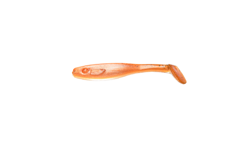 RenzStein RenzShad 7cm, 3g mjukplastjigg för abborrfiske och jiggfiske, 6-pack med orange paddelsvans på vit bakgrund.