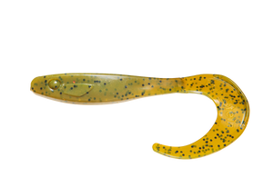 RenzStein RenzTail Abch 22cm jigg, gulgrön med prickar och böjd svans, perfekt för abborrfiske. Visas mot vit bakgrund.