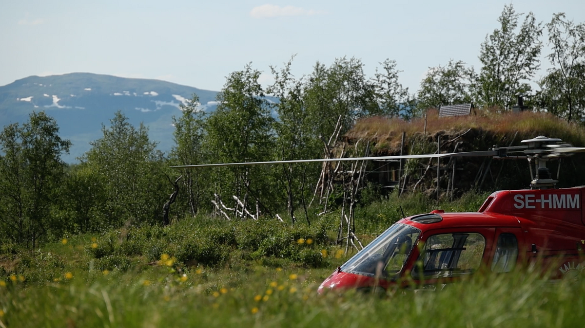 Röd helikopter SE-HMM på äng med blommor, perfekt för sportfiskare. Träd, timmerstuga och snötäckta fjäll i bakgrunden.