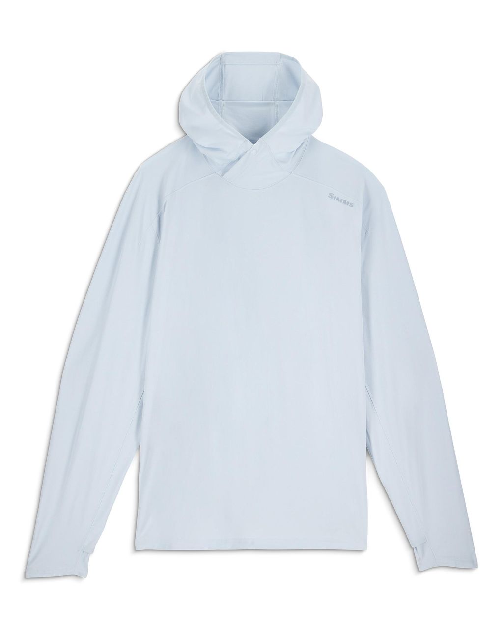 Simms Solarflex Hoody: ljusblå fisketröja med huva, långa ärmar, UPF 50+, tumhål och diskret bröstlogo.