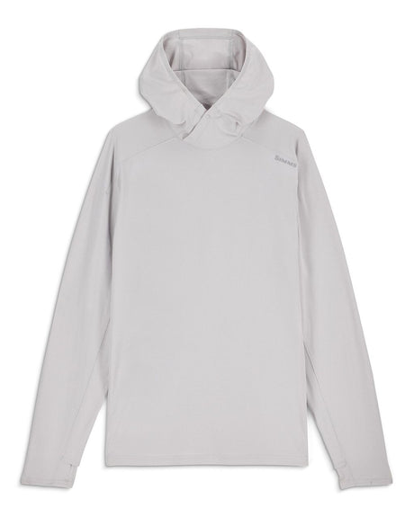 Ljusgrå Simms Solarflex Hoody med UPF 50+, lång ärm, huva och logga. Perfekt för fiskeäventyr och solskydd.
